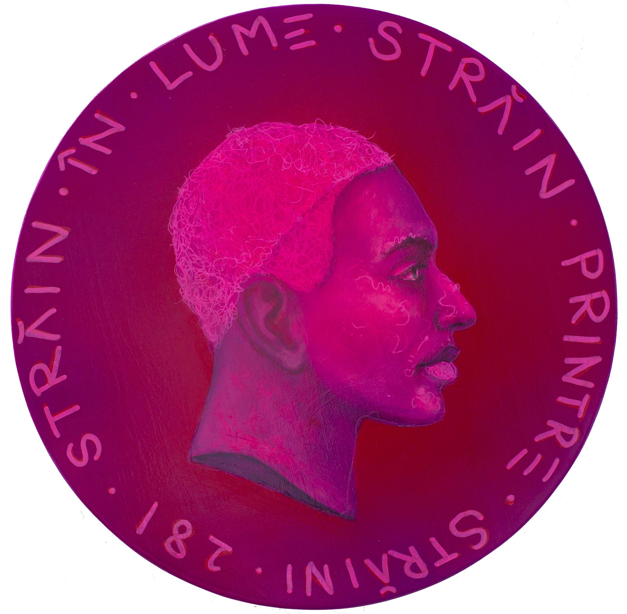 Pop Surrealist Portrait on Wood. Romanian. Vibrant Pink Fluor. "Currency #211"