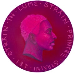 Surrealistisches Porträt auf Holz im Pop-Stil. Rumänisch. Leuchtend rosa Fluor. "Währung #211"