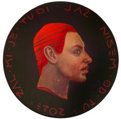 Surrealistisches Porträt auf Holz im Pop-Stil. Slowenisch. Schwarze und rote Töne. "Währung #212"