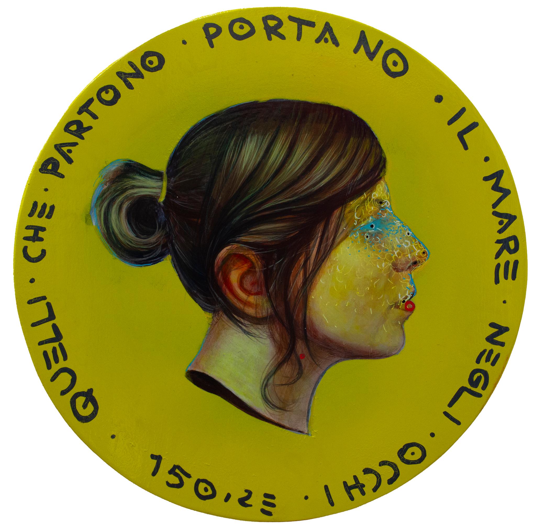 Ritratto circolare contemporaneo su giallo - "Valuta #258", testo in italiano