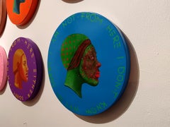 Profile Female Portrait On A Wooden Blue Coin. Red Dots. Tips. "Currency #163"