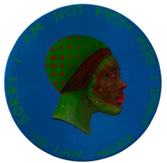 Profile Female Portrait On A Wooden Blue Coin. Red Dots. Tips. "Currency #163"