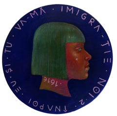 Profile Female Portrait On A Wooden Coin. Blue and Green. "Currency #156"