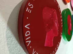 Profile Female Portrait On A Wooden Coin. Red Brick Background. "Currency #154"