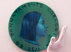 Profile Portrait Of Young Venezuelan Inmmigrant in Europe. Blue "Currency #193"