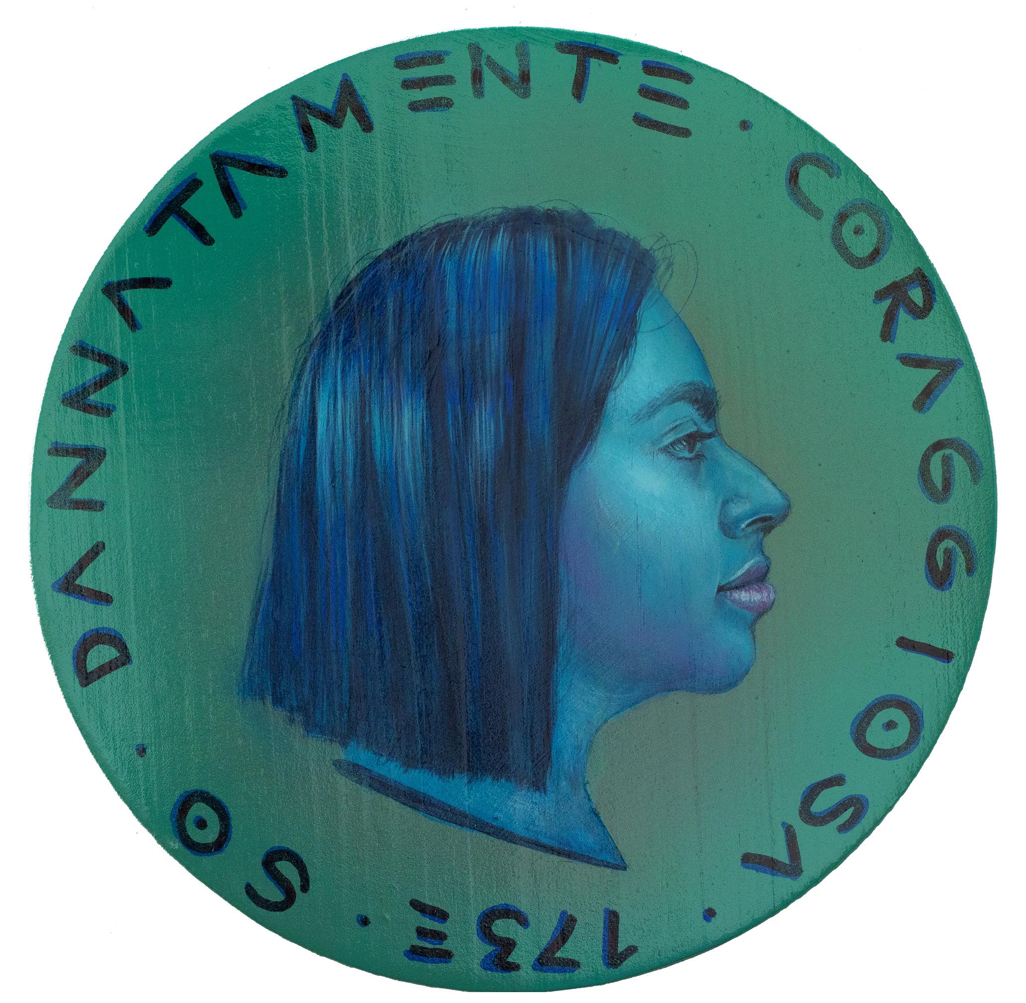 Natasha Lelenco Portrait Painting - Profile Portrait Of Young Venezuelan Inmmigrant in Europe. Blue "Currency #193"