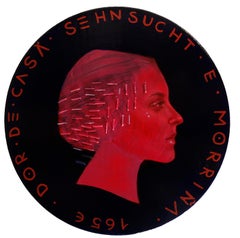 Profile Portrait On A Wooden Coin. Dark Blue and Pink Fluor. "Currency #155"