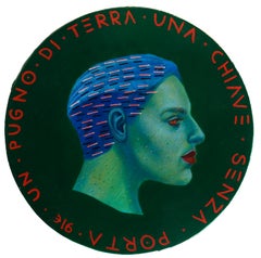 Profile Portrait On A Wooden Coin. Green Background. "Currency #153"