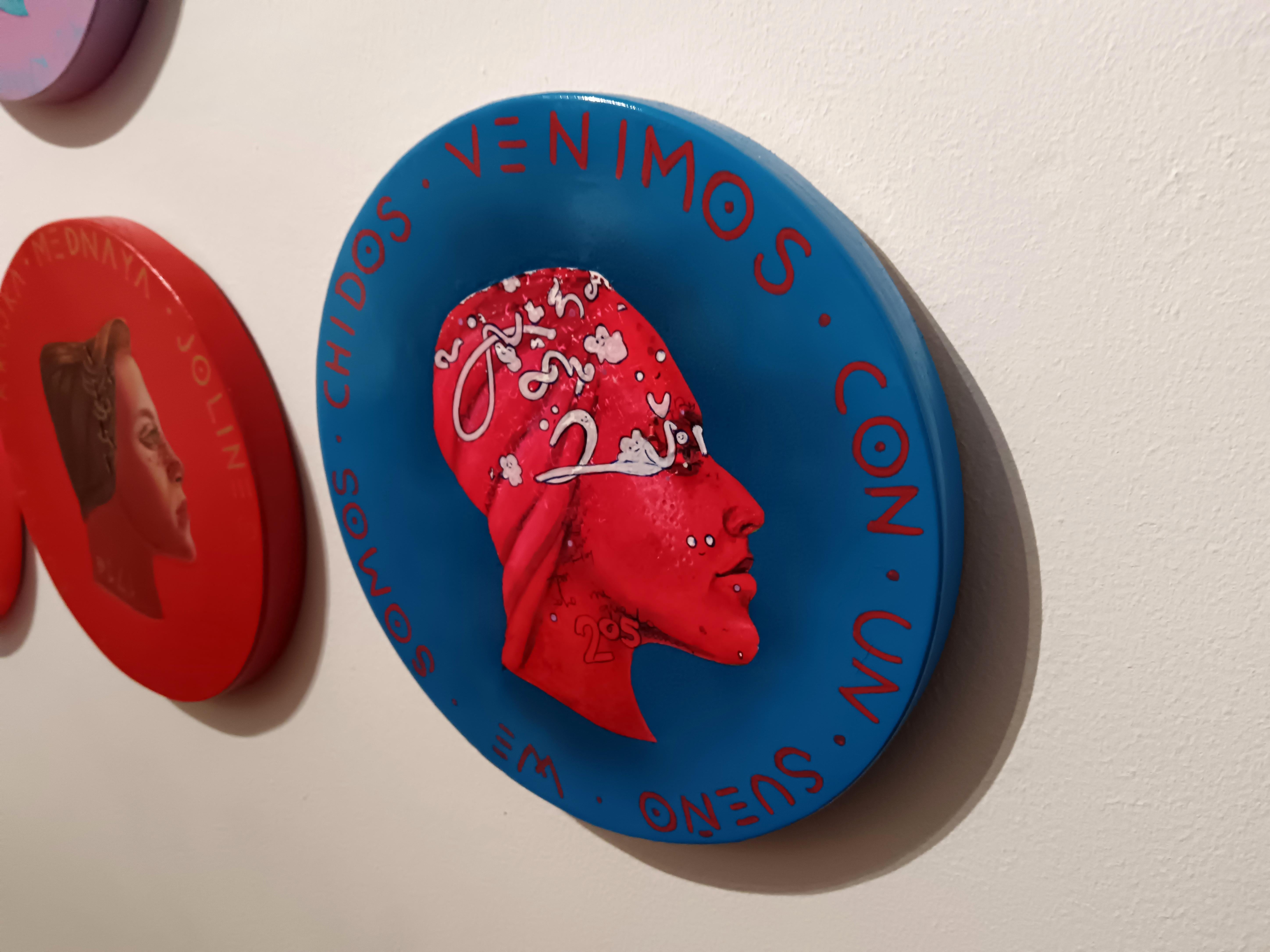 Red Fluor Side Profile Female Portrait. Mexican Latin Blue Coin 