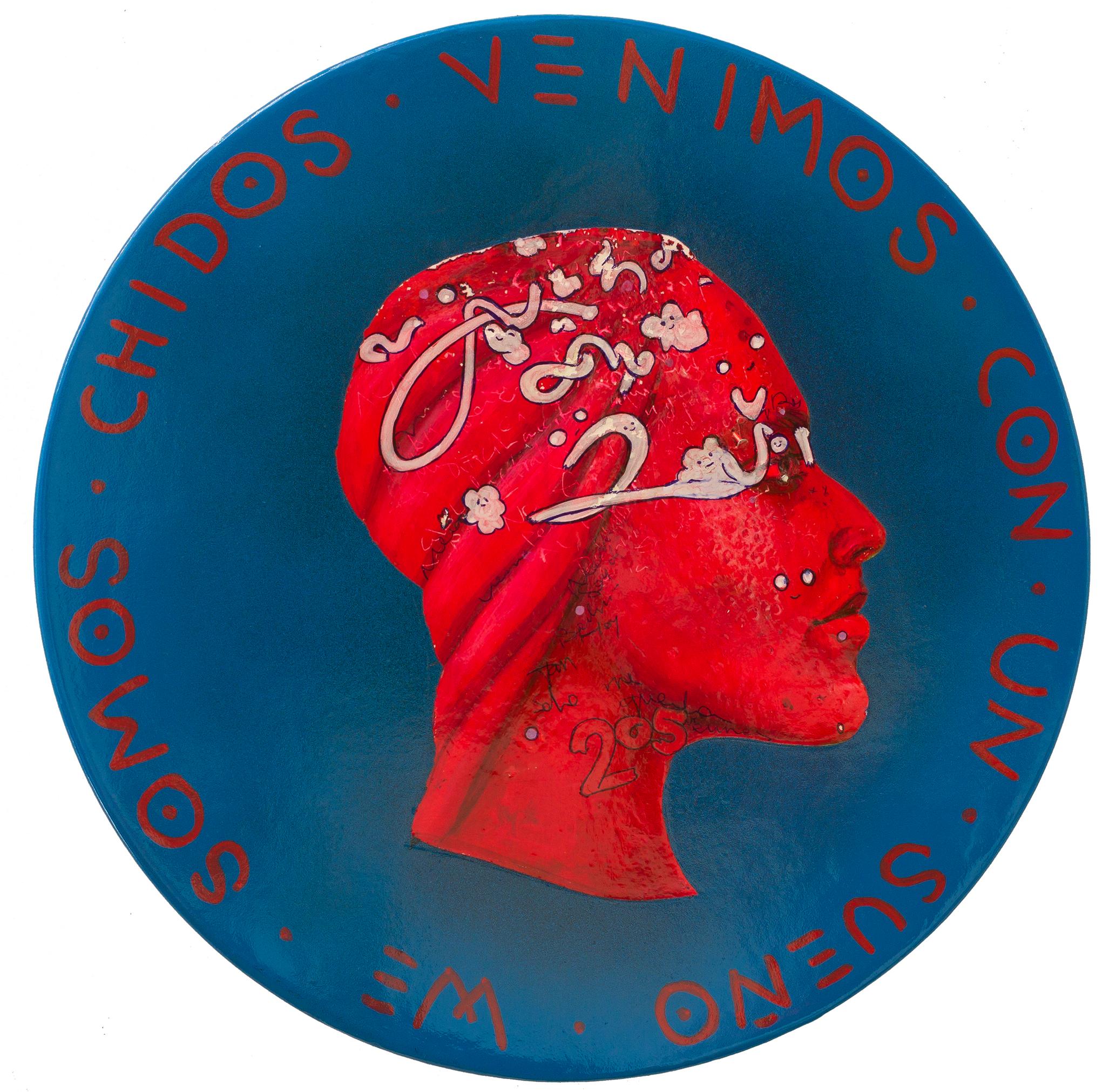 Red Fluor Side Profile Female Portrait. Mexican Latin Blue Coin "Currency #175" - Mixed Media Art by Natasha Lelenco