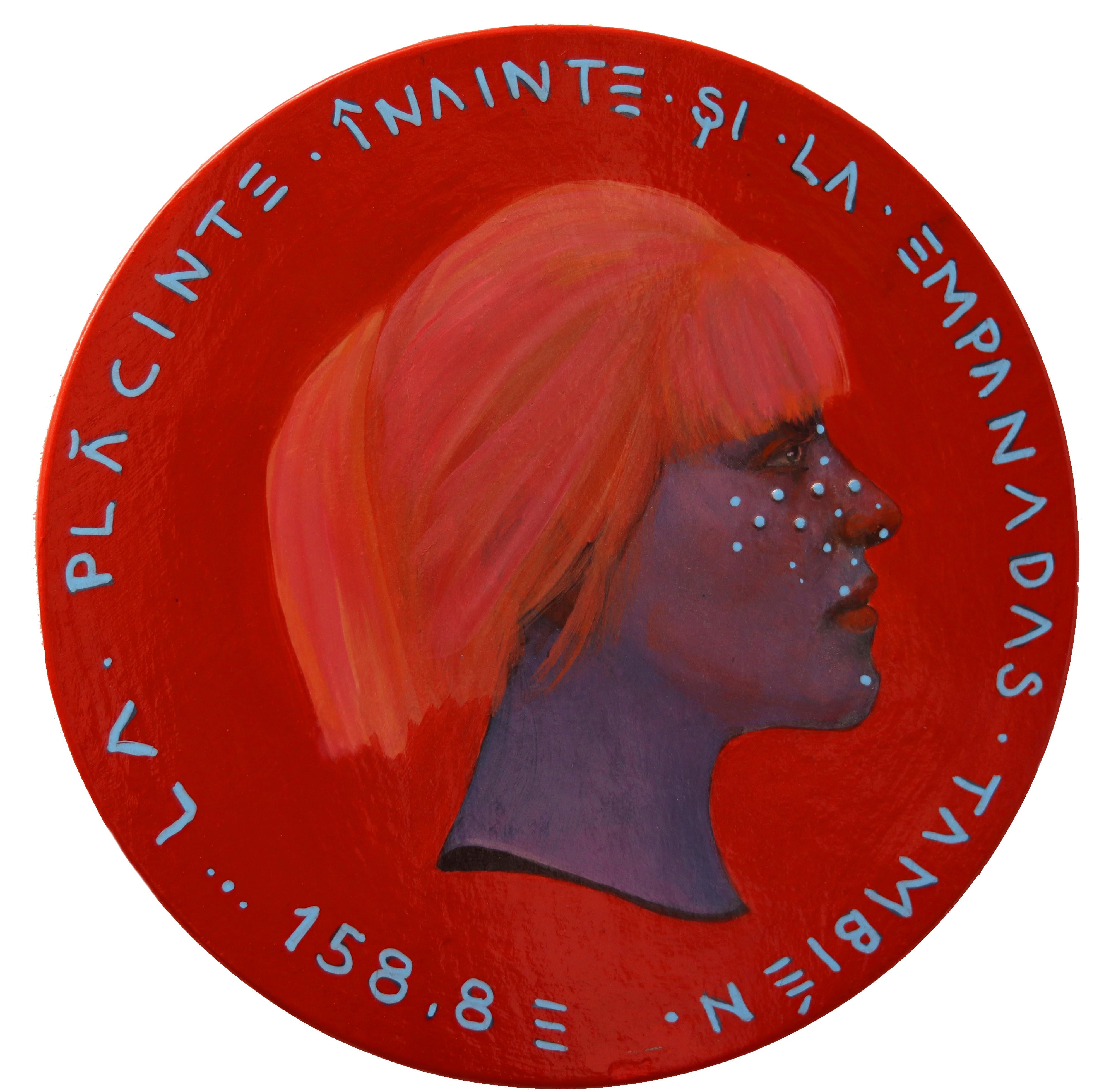 Red Vibrant Side Profile Female Portrait. Acrylic on Wood "Currency #173" - Mixed Media Art by Natasha Lelenco