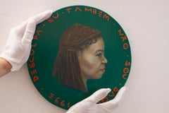 Currency #242. Sculptural Circle Woman Portrait, Acrylic Paint on Wood. Green