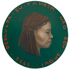 Currency #242. Sculptural Circle Woman Portrait, Acrylic Paint on Wood. Green