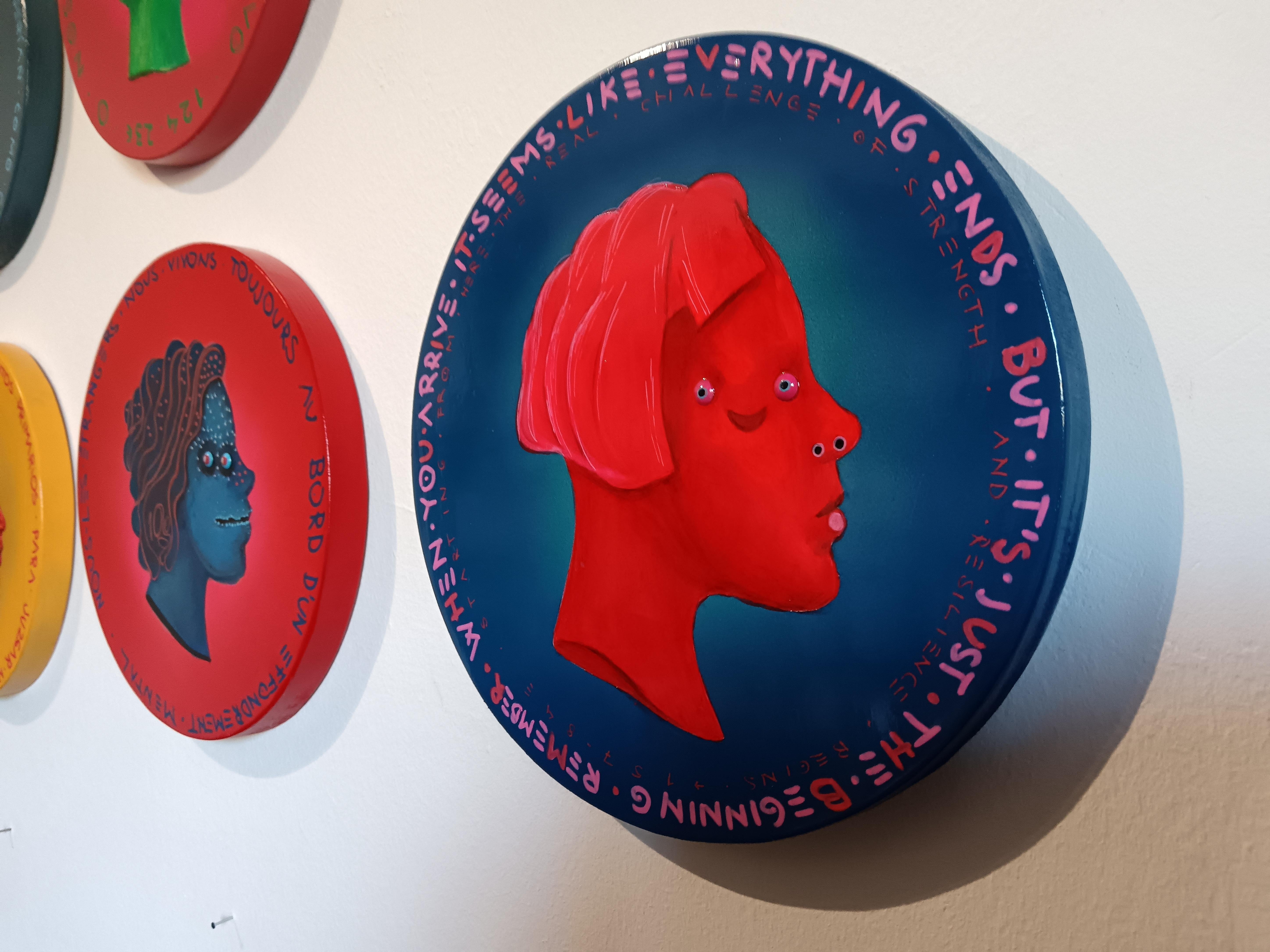 Surreal And Cubist Portrait On Circle Wood. Red Fluor And Blue  
