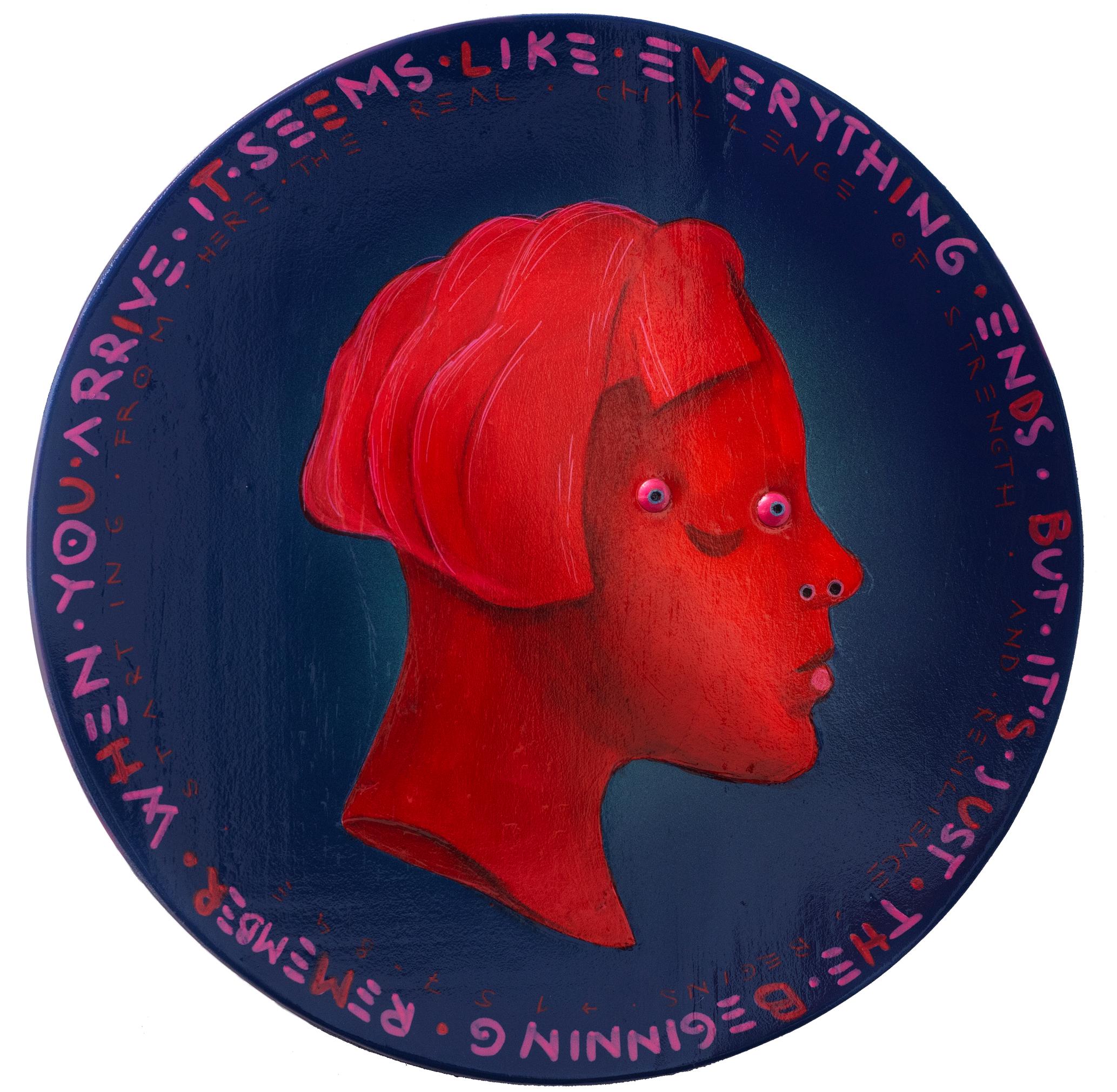 Surreal And Cubist Portrait On Circle Wood. Red Fluor And Blue  "Currency #206"