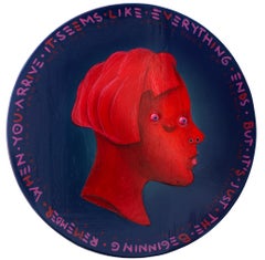 Surreal And Cubist Portrait On Circle Wood. Red Fluor And Blue  "Currency #206"