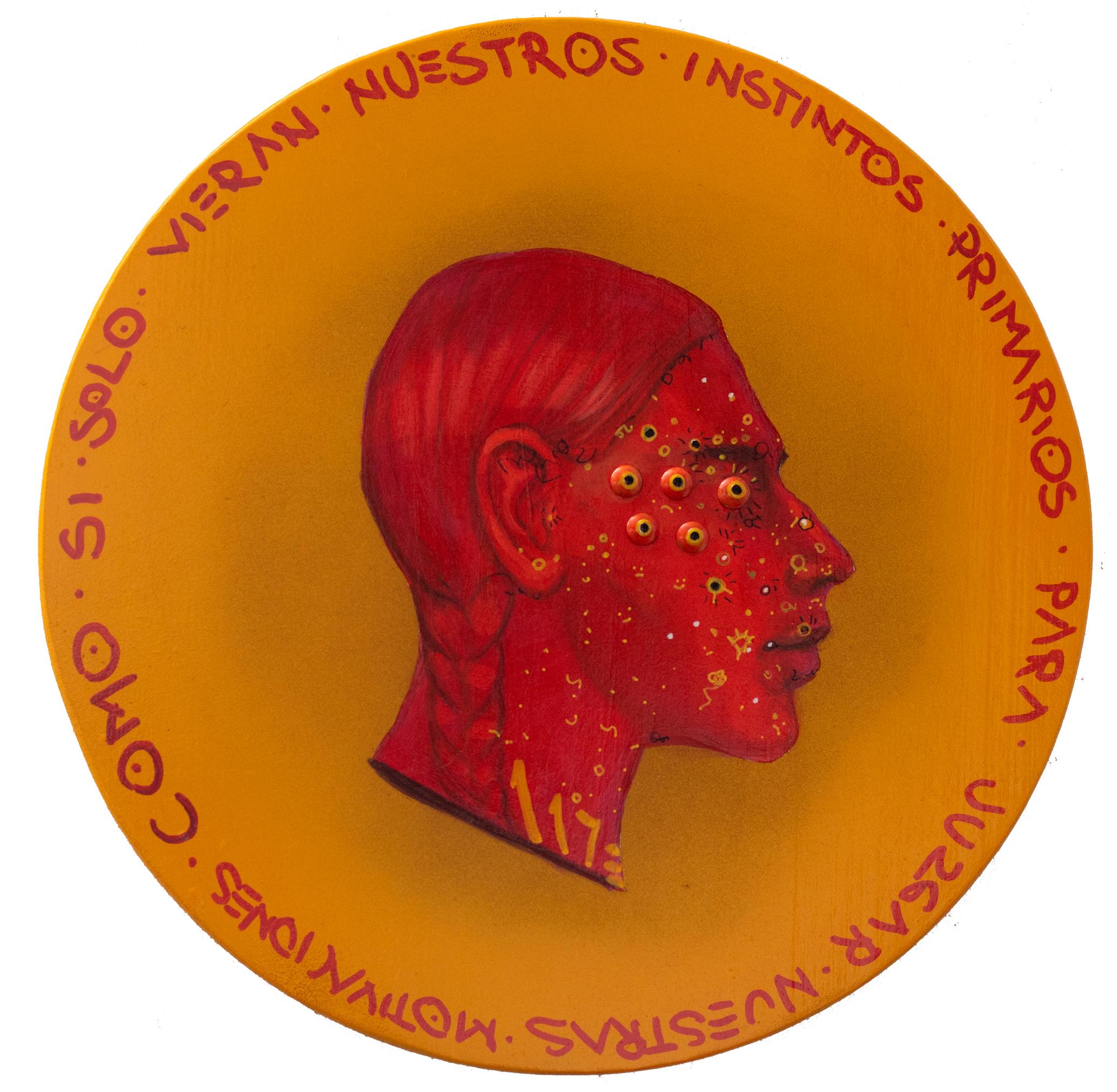 Portrait de profil latéral rouge flueur. Fond jaune. Coin "Currency #203" en bois