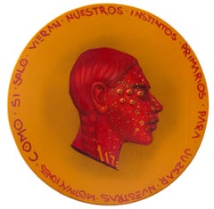 Surrealistisches Gesichtsporträt auf Rot und Gelb. Skulpturales Gemälde „Currency #203“