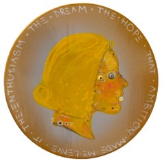 Surrealistisches Pop-Porträt einer Frau in einer Münze mit gelbem Gesicht. "Währung #192"