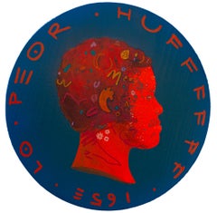 Textured Red Urban Face Portrait on Deep Blue Wooden Coin.  "Currency #244"