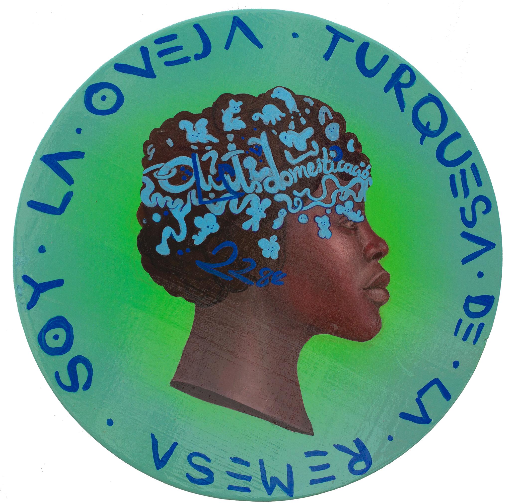 Turquoise Black Side Profile Female Portrait. Inmigration. Urban "Currency #174" - Mixed Media Art by Natasha Lelenco