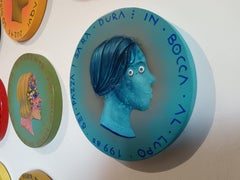 "Currency #195" Blue Portrait Coin Mixed Media Figurative Artwork on Wood