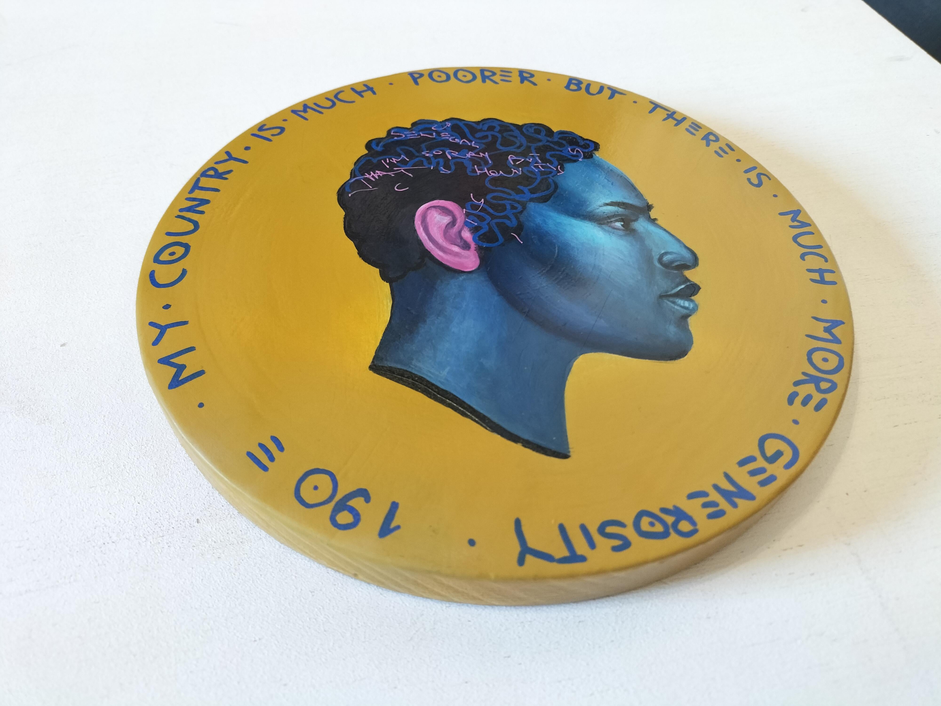 Vibrant Profile Portrait. Androgenous Face On a Wooden Coin.  