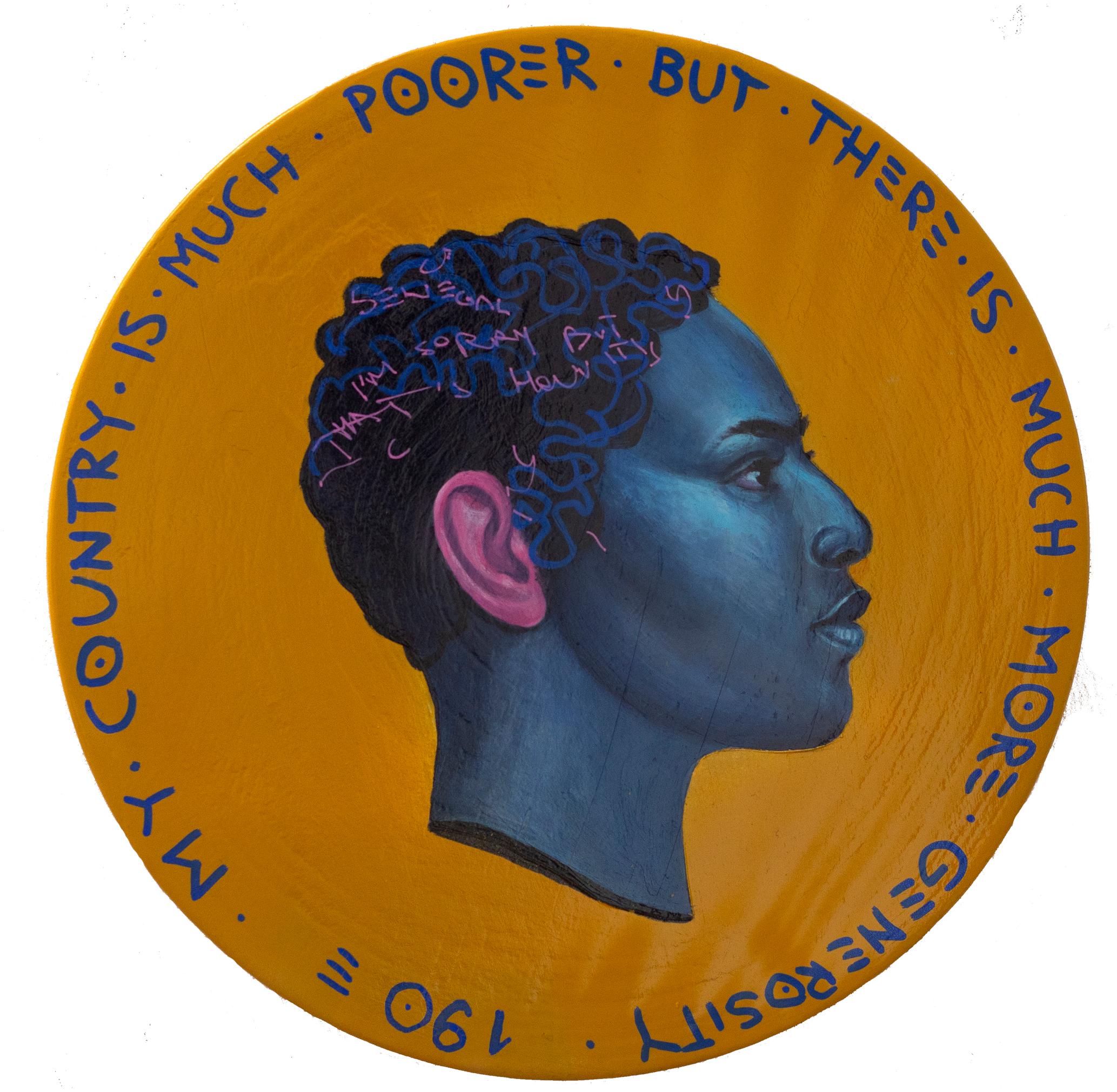 Vibrant Profile Portrait. Androgenous Face On a Wooden Coin.  "Currency #194" - Mixed Media Art by Natasha Lelenco