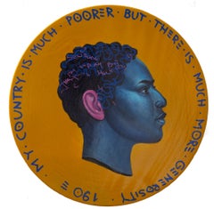 Vibrant Profile Portrait. Androgenous Face On a Wooden Coin.  "Currency #194"