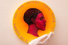 "Currency #133" Red Portrait Coin Acrylic on Wood with German Text Contemporary