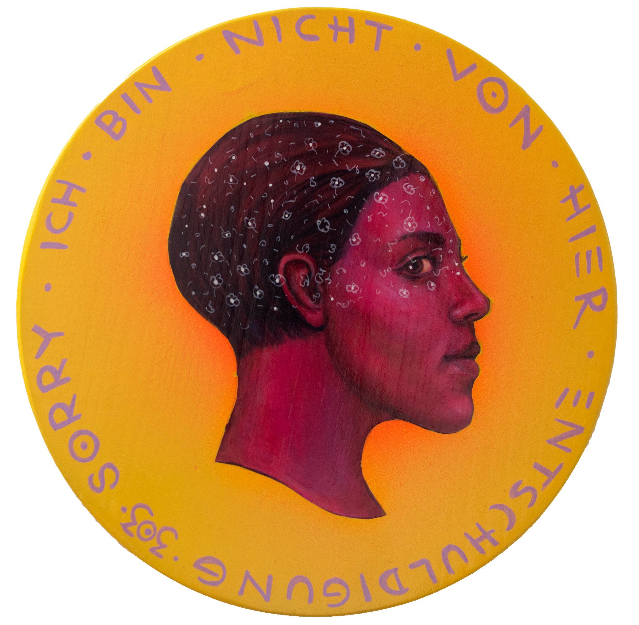 Natasha Lelenco Portrait Painting – Vibrant Yellow and Pink Fluor Side Profile Female Portrait Wood "Währung #170"