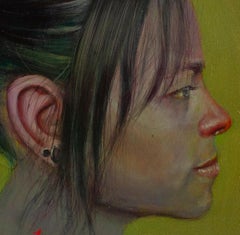 Woman Portrait with Red Inscription on Circular Wood Coin.  'Currency #252'