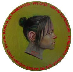 Woman Portrait with Red Inscription on Circular Wood Coin. 'Currency #252'