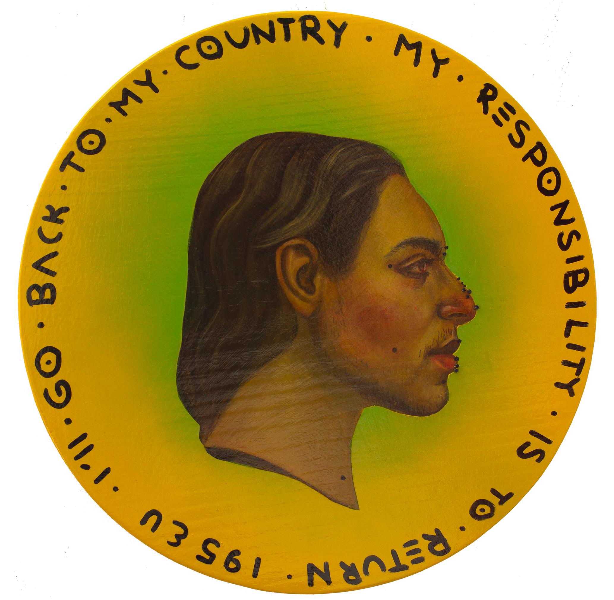 Yellow and Green Fluor Coin. Side Profile Male Portrait On Wood. "Currency #179" - Mixed Media Art by Natasha Lelenco