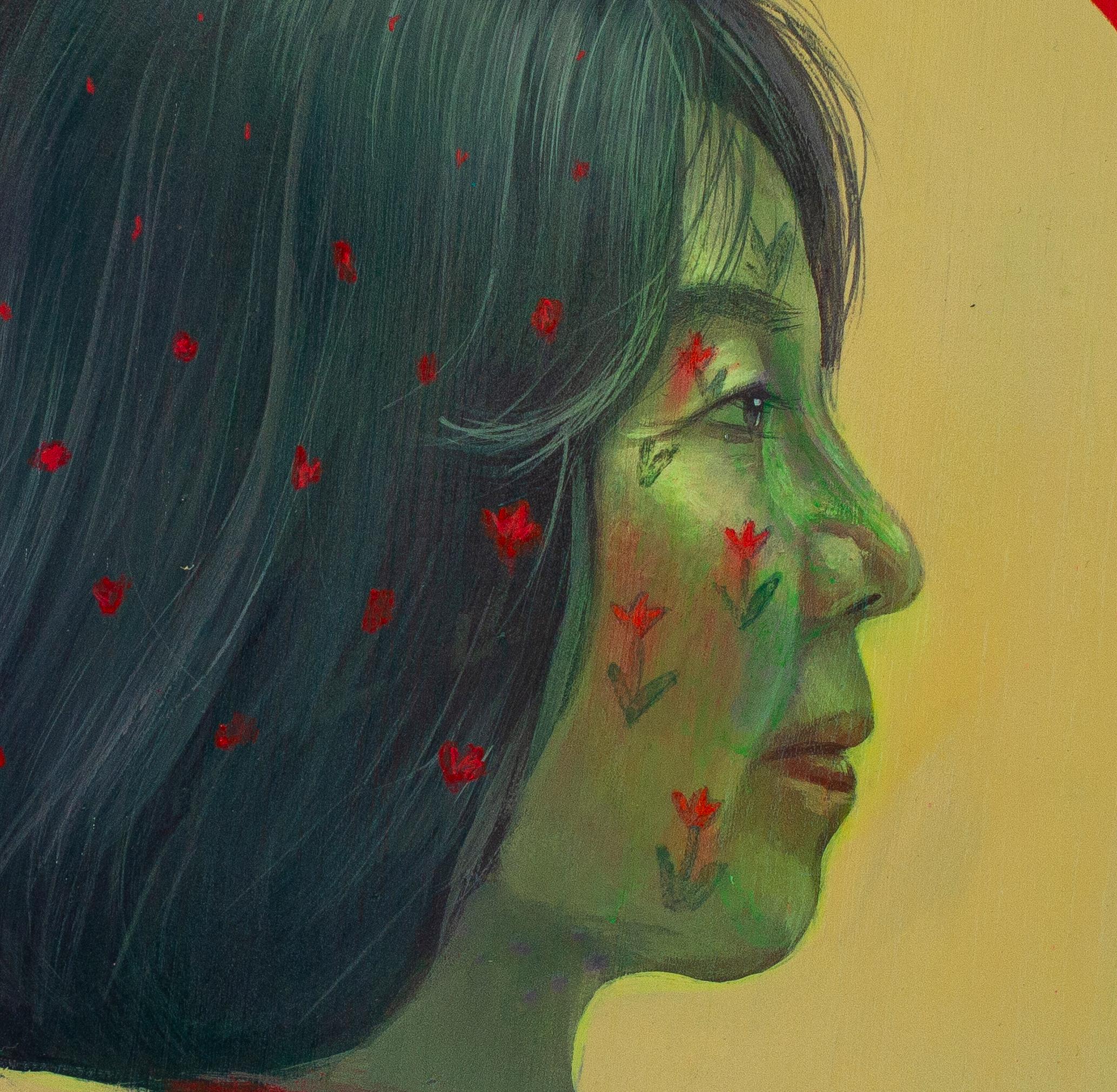 Contemporary circular portrait in acrylic on wood, exploring migration, identity, and longing, with Korean inscription and green-yellow palette.

This original acrylic painting on wood belongs to Natasha Lelenco’s ongoing Currencies series, a body