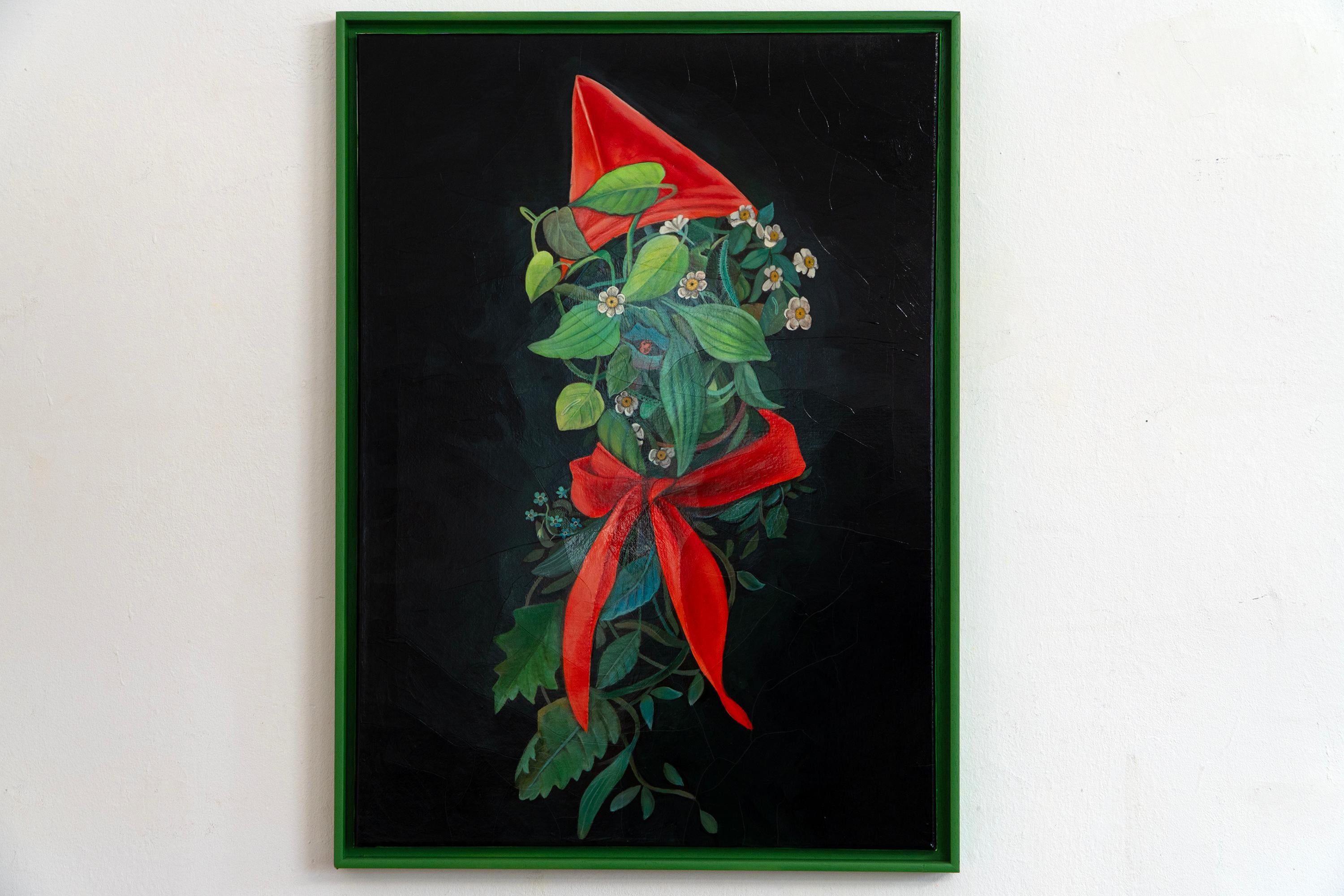 Abstract Anthropomorphic Acrylic Floral Portrait with Crackled Gloss Finish - Painting by Natasha Lelenco