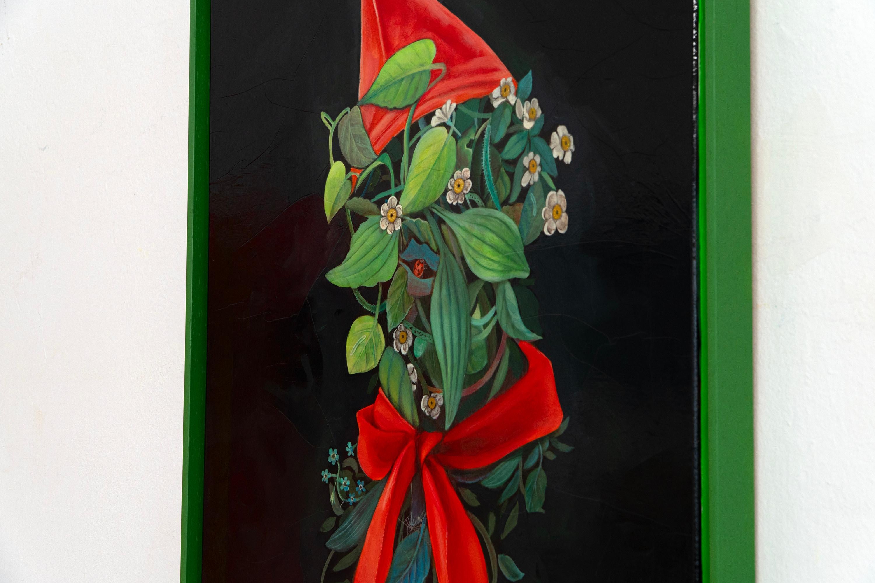 Anthropomorphic portrait, floral motif, pioneer hat, red bow, autobiographical memory, and a distinctive crackled gloss finish converge in 