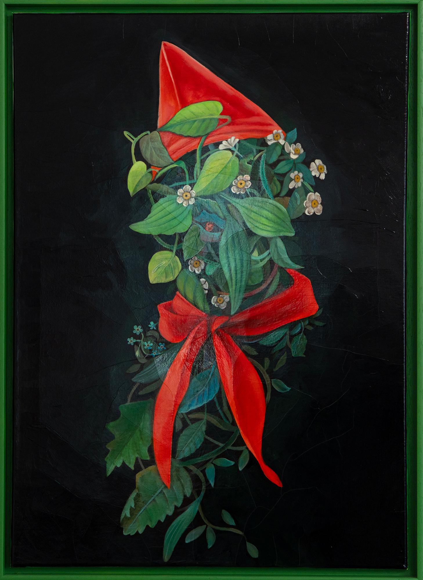 Natasha Lelenco Portrait Painting - Abstract Anthropomorphic Acrylic Floral Portrait with Crackled Gloss Finish