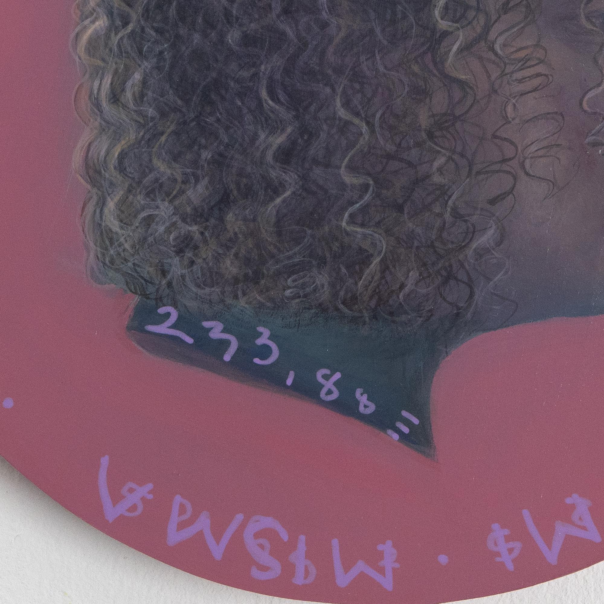 Retrato circular contemporáneo en tonos malva, realizado en acrílico sobre madera, que explora la migración queer, la autorreclamación y la identidad a través de la pintura figurativa y el texto manuscrito.

Moneda nº 263 pertenece a la serie en