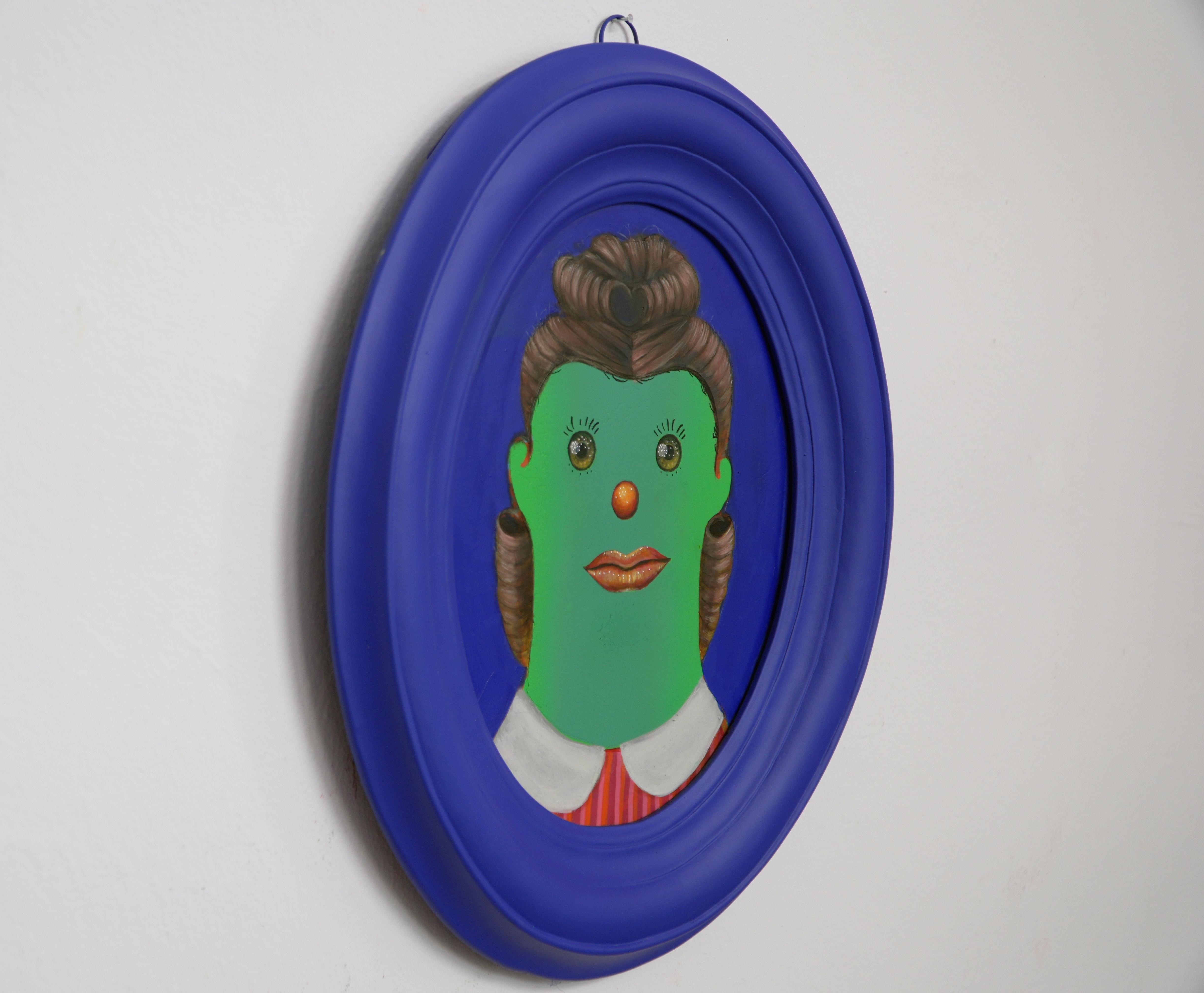 Ancestor Clone #11. Small Format Naïve Funny Portrait with Blue Oval Frame - Painting by Natasha Lelenco