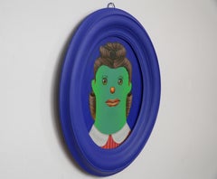 Naive Pop Surreal Funny Porträt mit blauen ovalen Rahmen. Ahnenklon #11