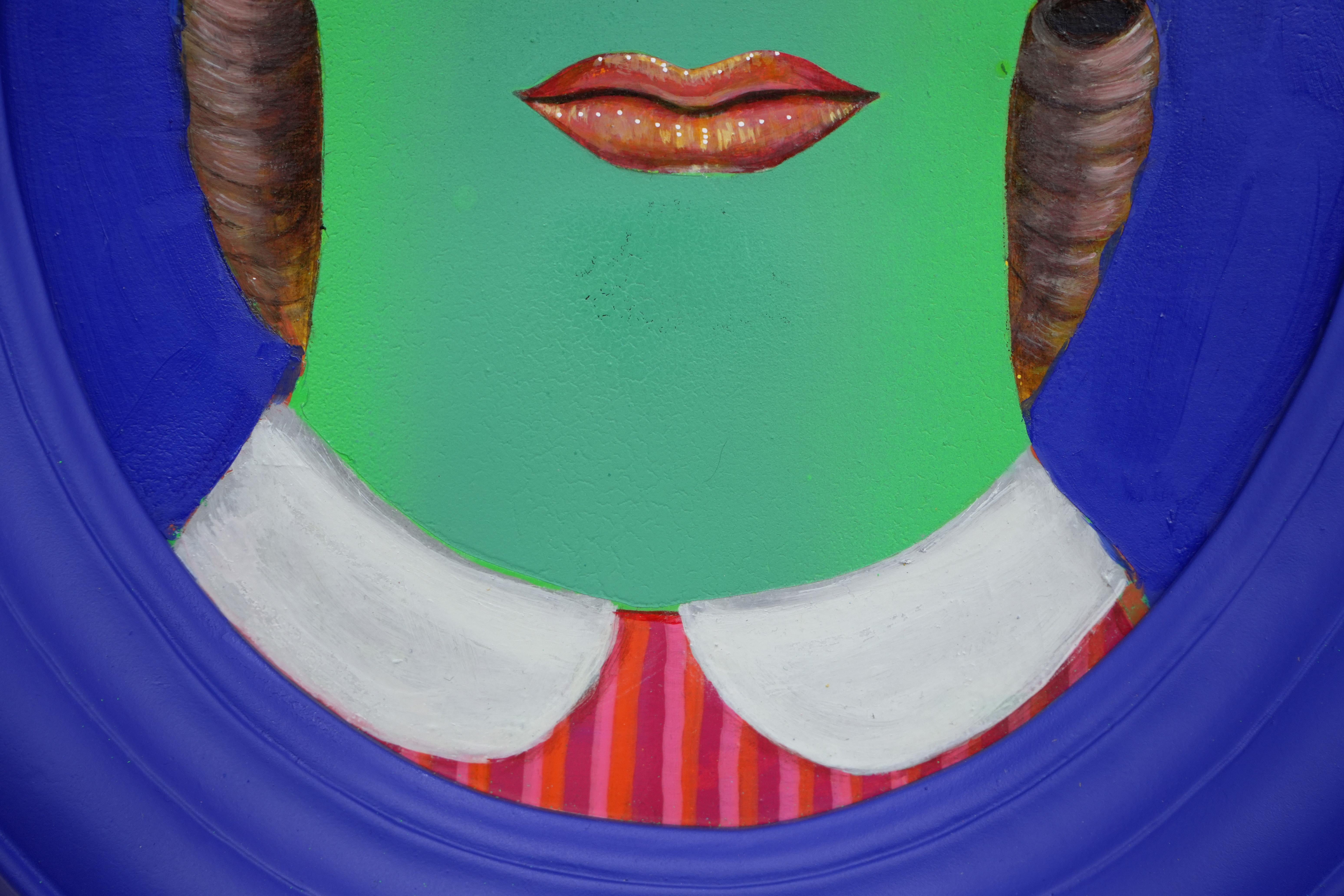 Ancestor Clone #11. Small Format Naïve Funny Portrait with Blue Oval Frame For Sale 1
