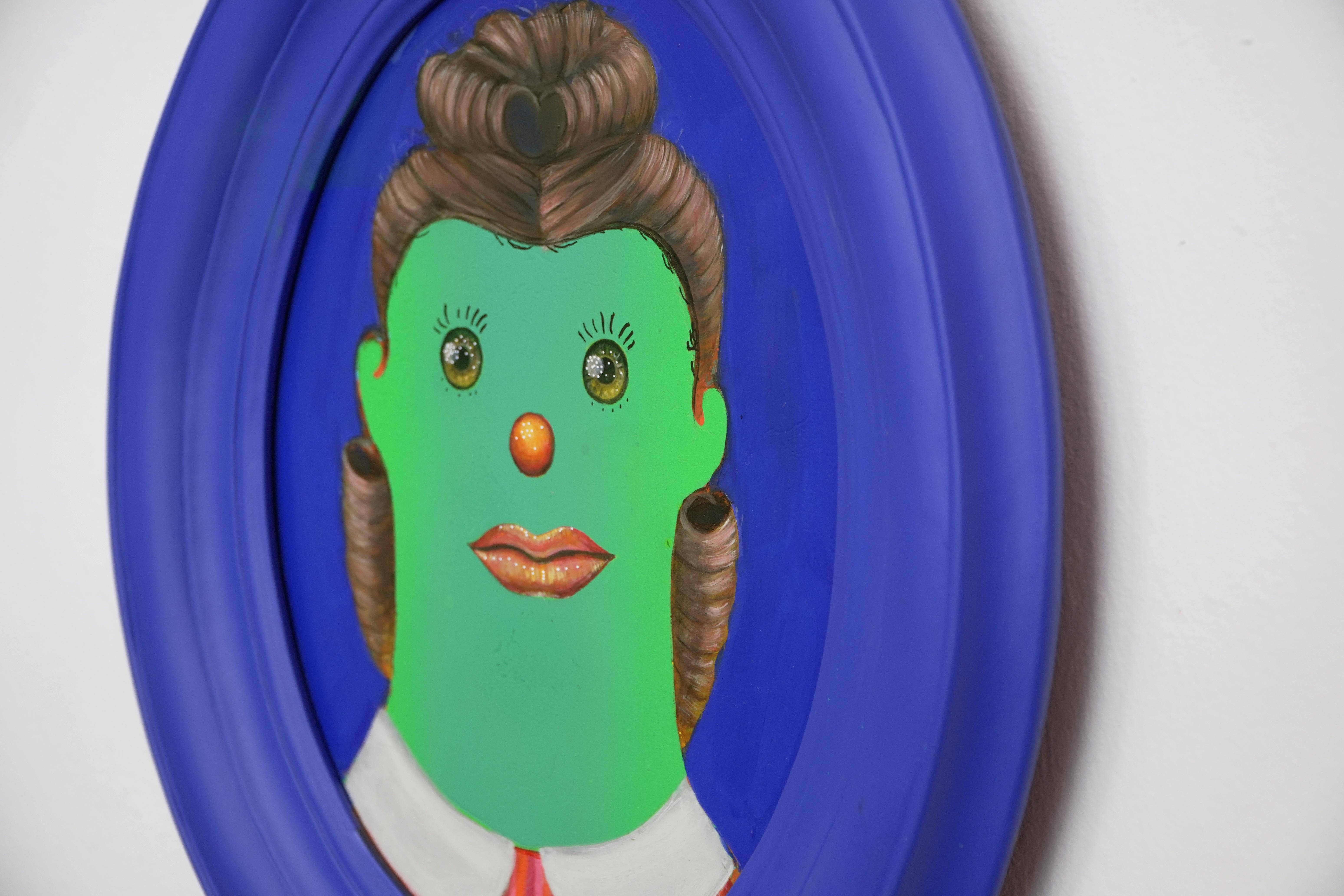Ancestor Clone #11. Small Format Naïve Funny Portrait with Blue Oval Frame For Sale 2