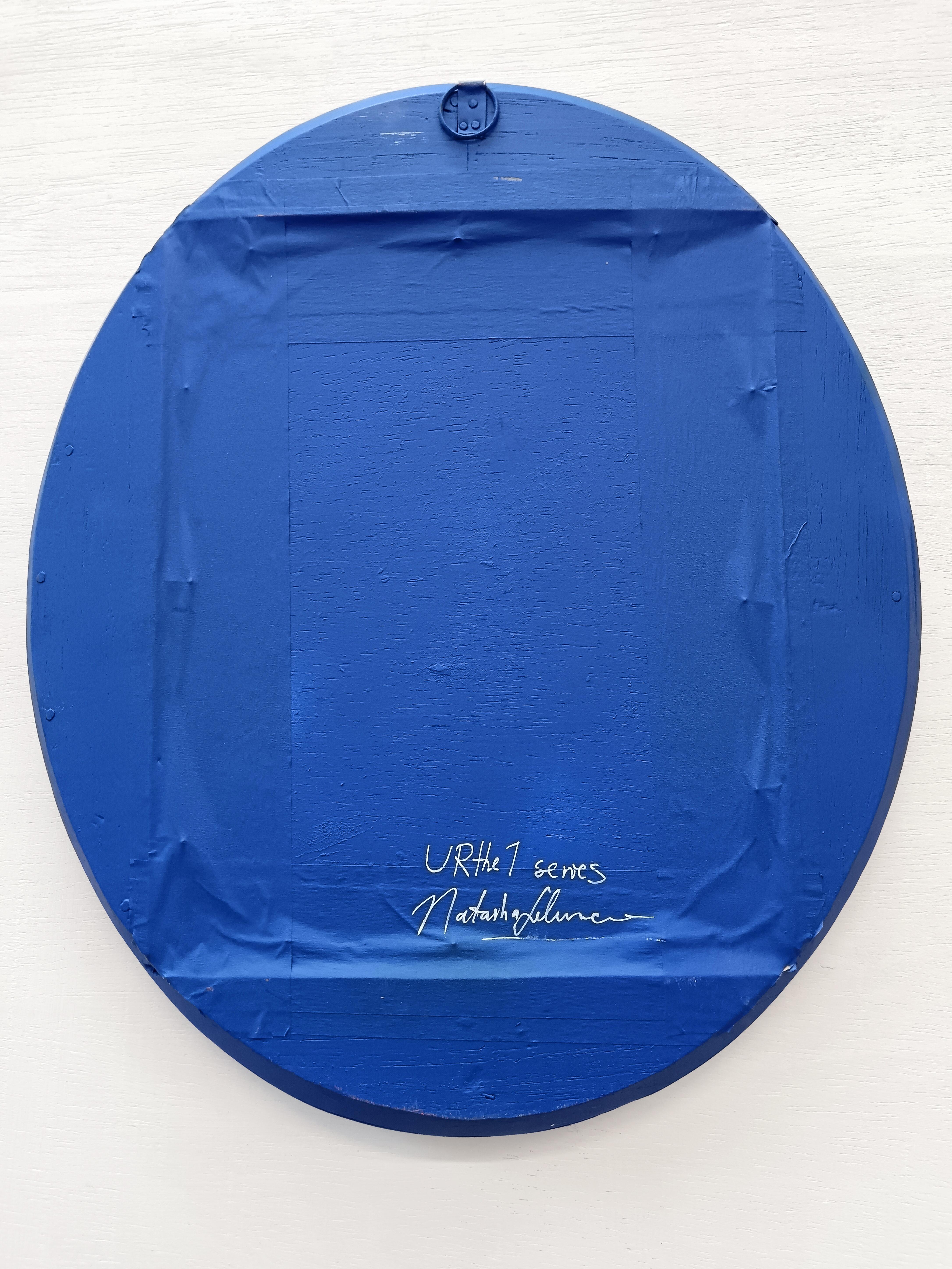 Ancestor Clone #11. Small Format Naïve Funny Portrait with Blue Oval Frame For Sale 3
