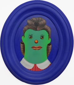 Ancestor Clone #11. Small Format Naïve Funny Portrait with Blue Oval Frame