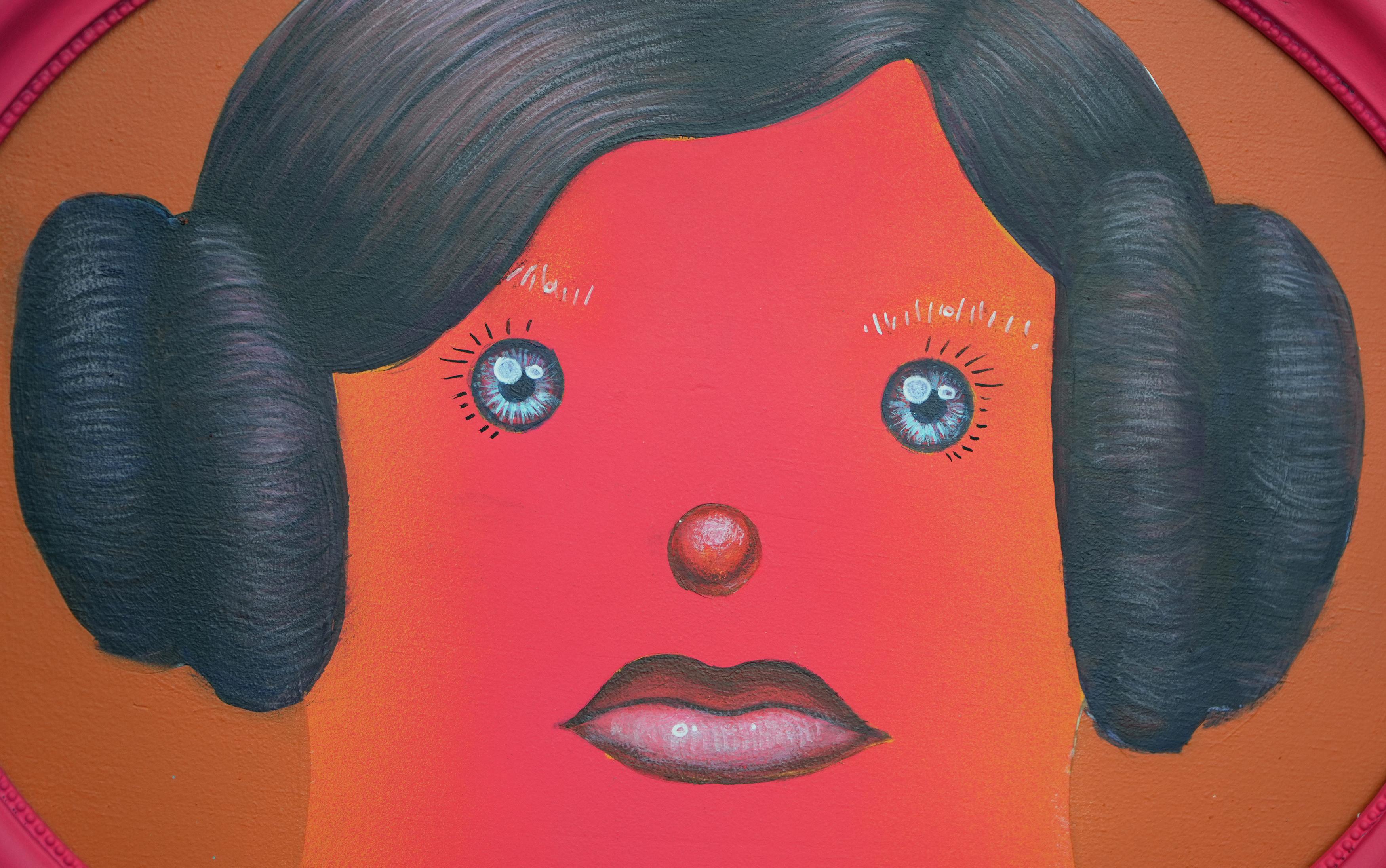 Ancestor Clone #12 - Unique Oval Framed Acrylic Painting. Surreal Naïve Portrait - Brown Portrait Painting by Natasha Lelenco