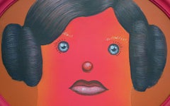 Pink Oval Framed Acrylic Painting. Surreal Naïve Portrait "Ancestor Clone #12"