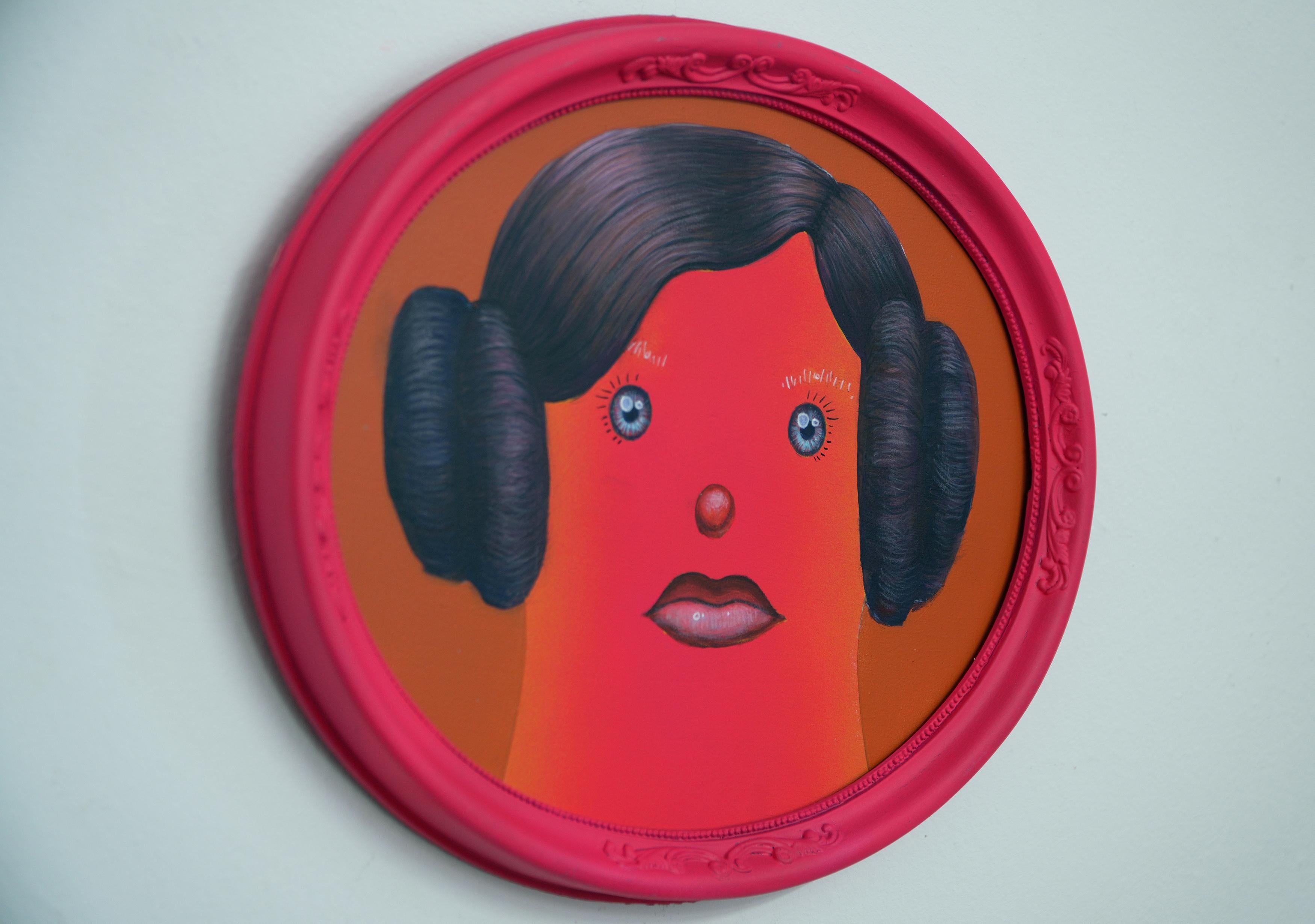 Ancestor Clone #12 - Unique Oval Framed Acrylic Painting. Surreal Naïve Portrait For Sale 2
