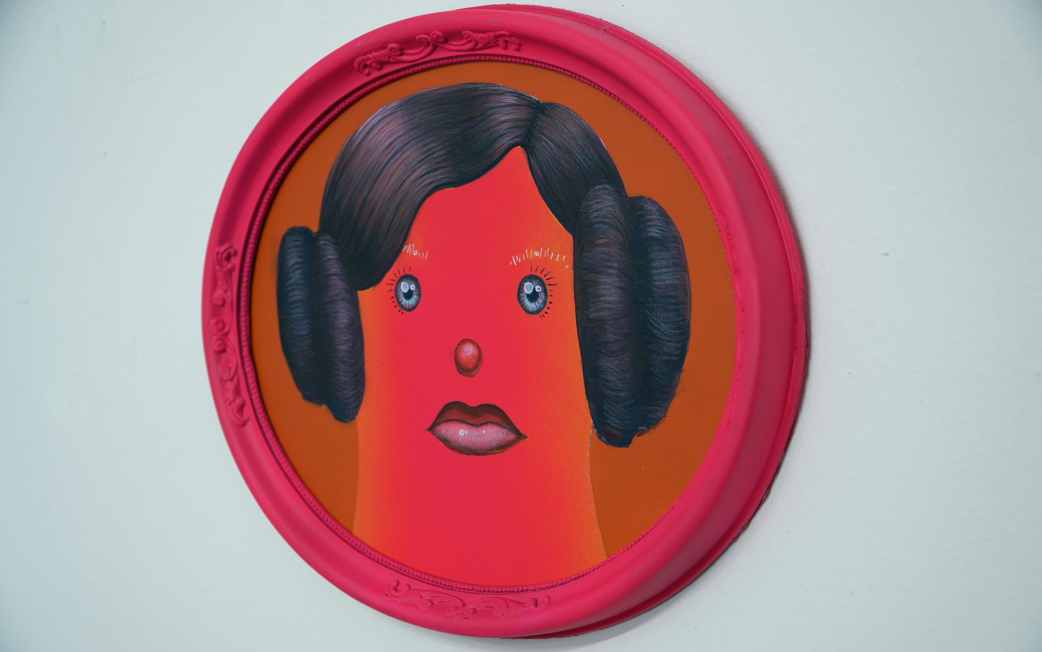 Ancestor Clone #12 - Unique Oval Framed Acrylic Painting. Surreal Naïve Portrait For Sale 3