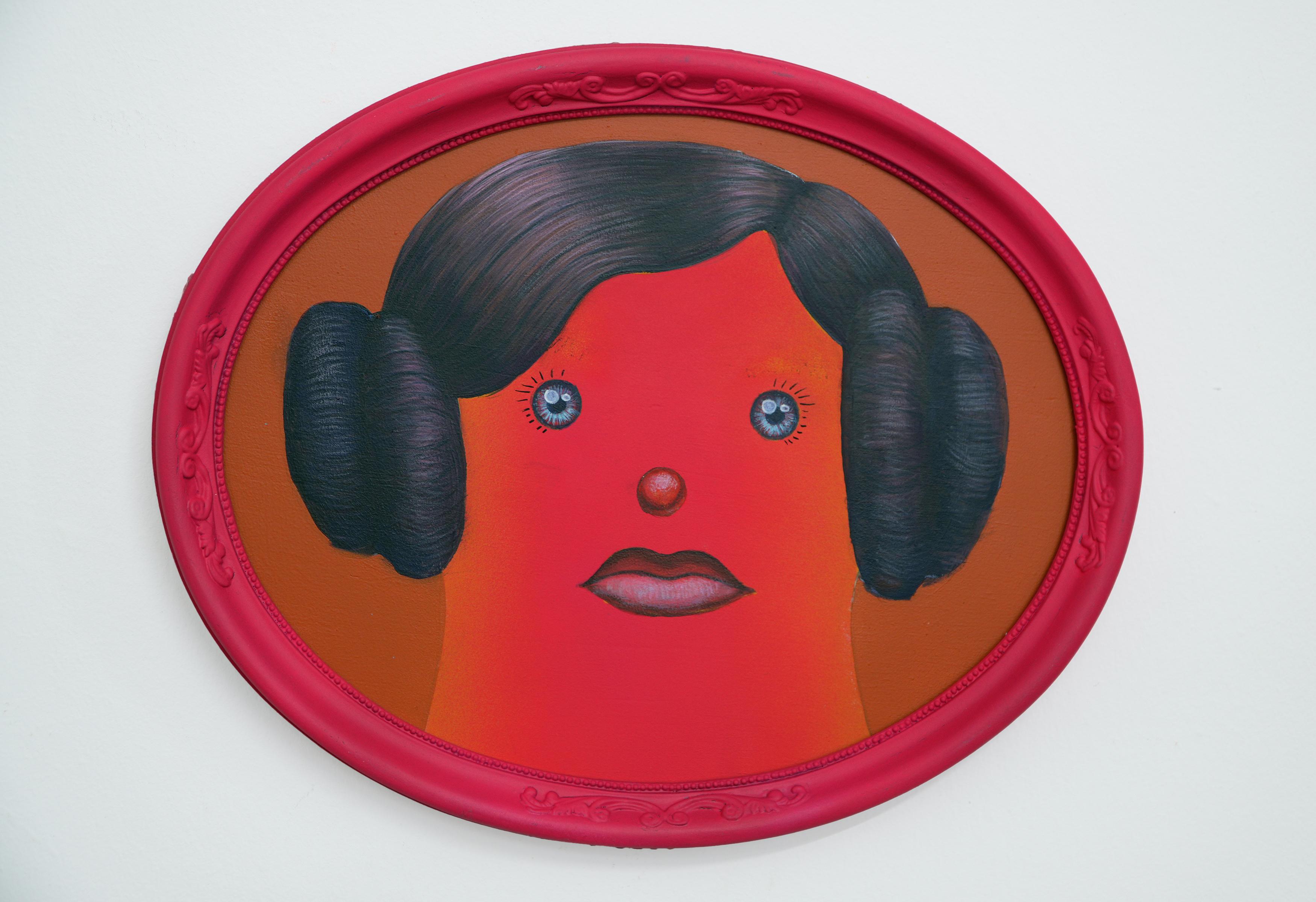 Ancestor Clone #12 - Unique Oval Framed Acrylic Painting. Surreal Naïve Portrait For Sale 4